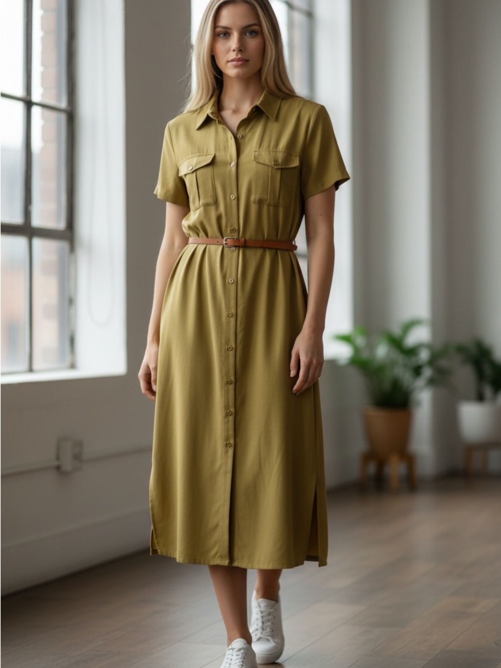Mulberry Olive-Green Short-Sleeve Midi Shirt Dress
